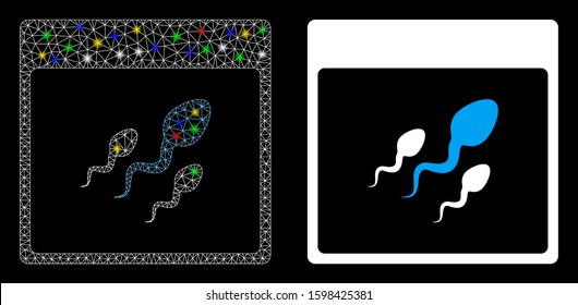 Glowing mesh spermatozoids calendar page icon with lightspot effect. Abstract illuminated model of spermatozoids calendar page. Shiny wire carcass triangular network spermatozoids calendar page icon.
