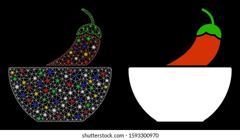 Glowing mesh spicy food icon with sparkle effect. Abstract illuminated model of spicy food. Shiny wire frame triangular mesh spicy food icon. Vector abstraction on a black background.