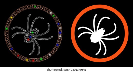 Glowing mesh spider icon with glow effect. Abstract illuminated model of spider. Shiny wire carcass polygonal mesh spider icon. Vector abstraction on a black background.