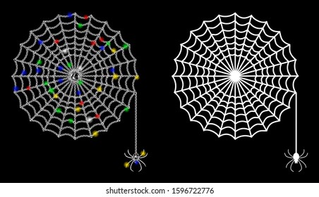 Glowing mesh spider net icon with sparkle effect. Abstract illuminated model of spider net. Shiny wire frame polygonal network spider net icon. Vector abstraction on a black background.