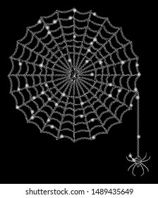 Glowing mesh spider net with lightspot effect. Abstract illuminated model of spider net icon. Shiny wire frame triangular mesh spider net. Vector abstraction on a black background.