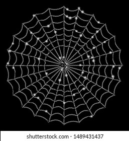 Glowing mesh spider web with glow effect. Abstract illuminated model of spider web icon. Shiny wire carcass polygonal mesh spider web. Vector abstraction on a black background.