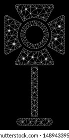 Glowing mesh spotlight rack with lightspot effect. Abstract illuminated model of spotlight rack icon. Shiny wire frame triangular mesh spotlight rack. Vector abstraction on a black background.