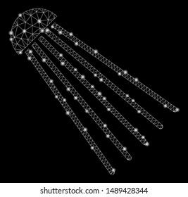 Glowing mesh spray source with glare effect. Abstract illuminated model of spray source icon. Shiny wire frame polygonal mesh spray source. Vector abstraction on a black background.