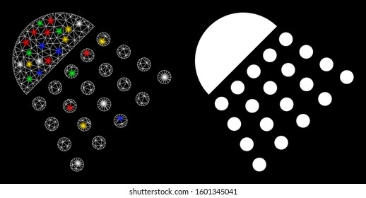 Glowing mesh spray tool icon with glare effect. Abstract illuminated model of spray tool. Shiny wire frame triangular mesh spray tool icon. Vector abstraction on a black background.