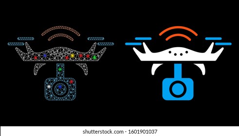 Glowing mesh spy drone icon with glare effect. Abstract illuminated model of spy drone. Shiny wire frame triangular mesh spy drone icon. Vector abstraction on a black background.