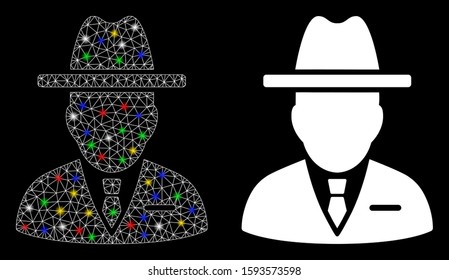 Glowing mesh spy person icon with sparkle effect. Abstract illuminated model of spy person. Shiny wire carcass polygonal mesh spy person icon. Vector abstraction on a black background.