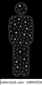 Glowing mesh standing man with sparkle effect. Abstract illuminated model of standing man icon. Shiny wire frame triangular network standing man. Vector abstraction on a black background.