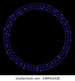 Glowing mesh star double circle frame with glitter effect. Abstract illuminated model of star double circle frame icon. Shiny wire frame triangular mesh star double circle frame.