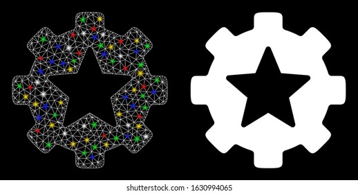 Glowing mesh star favorites options gear icon with glare effect. Abstract illuminated model of star favorites options gear. Shiny wire carcass polygonal mesh star favorites options gear icon.