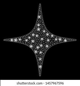 Glowing mesh star with glare effect. Abstract illuminated model of star icon. Shiny wire frame polygonal network star. Vector abstraction on a black background.