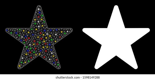 Glowing mesh star icon with glare effect. Abstract illuminated model of star. Shiny wire carcass polygonal mesh star icon. Vector abstraction on a black background.