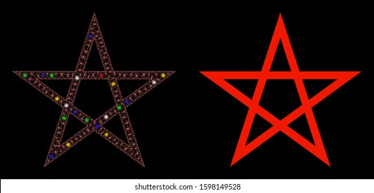 Glowing mesh star pentagram icon with glare effect. Abstract illuminated model of star pentagram. Shiny wire frame polygonal mesh star pentagram icon. Vector abstraction on a black background.