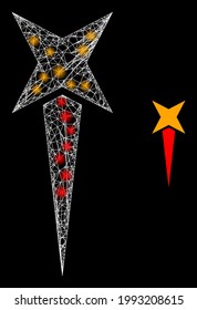 Glowing mesh starting star with glowing spots. Linear carcass 2D mesh generated with crossed white lines and starting star icon.
