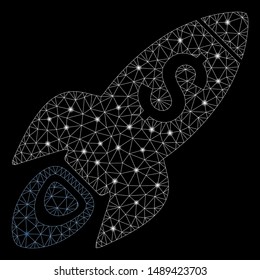 Glowing mesh startup rocket launch with sparkle effect. Abstract illuminated model of startup rocket launch icon. Shiny wire carcass polygonal mesh startup rocket launch.