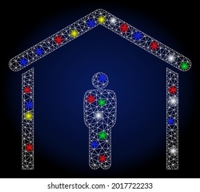 Glowing mesh stay home with glitter effect. Abstract illuminated vector model of stay home icon on a dark blue gradiented background. White wire frame triangular mesh stay home.