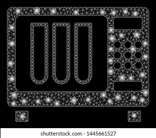 Glowing mesh sterilizer with glow effect. Abstract illuminated model of sterilizer icon. Shiny wire carcass polygonal mesh sterilizer. Vector abstraction on a black background.