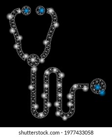 Glowing mesh stethoscope with lightspot effect. Abstract illuminated model of stethoscope icon. Shiny wire carcass polygonal mesh stethoscope. Vector abstraction on a black background.
