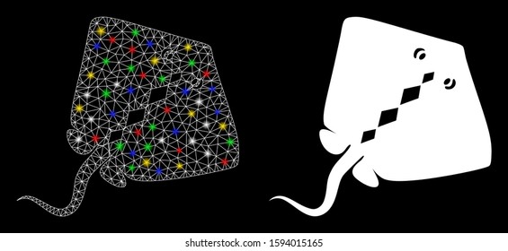 Glowing mesh stingray fish icon with glitter effect. Abstract illuminated model of stingray fish. Shiny wire frame polygonal network stingray fish icon. Vector abstraction on a black background.