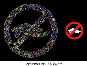 Glowing mesh stop asking hand glare icon with lightspots. Illuminated vector constellation based on stop asking hand picture. Sparkle carcass mesh stop asking hand on a black background.