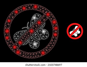 Glowing mesh stop butterfly web icon with glowing spots. Illuminated constellation generated from stop butterfly vector icon. Illuminated carcass web polygonal stop butterfly, on a black background.