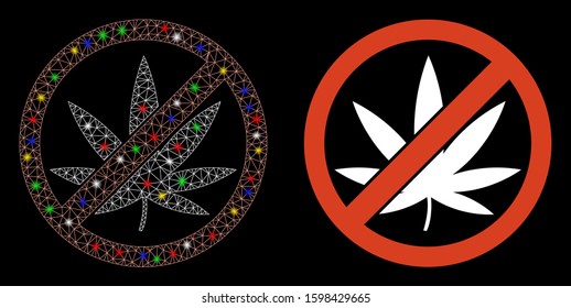 Glowing mesh stop cannabis icon with glare effect. Abstract illuminated model of stop cannabis. Shiny wire frame triangular network stop cannabis icon. Vector abstraction on a black background.