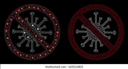 Glowing mesh stop coronavirus with glare effect. Abstract illuminated model of stop coronavirus icon. Shiny wire frame polygonal mesh stop coronavirus icon. Vector abstraction on a black background.