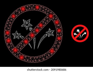 Glowing mesh stop fireworks web icon with bright light spots. Illuminated constellation generated from stop fireworks vector icon. Illuminated carcass web polygonal stop fireworks,