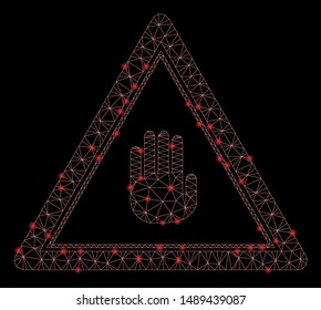 Glowing mesh stop hand triangle with glare effect. Abstract illuminated model of stop hand triangle icon. Shiny wire carcass triangular network stop hand triangle.