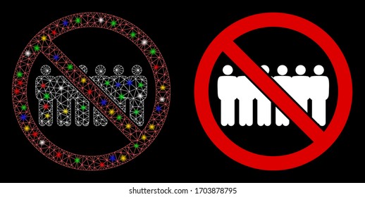 Glowing mesh stop people line with sparkle effect. Abstract illuminated model of stop people line icon. White wire carcass triangular mesh stop people line and base icon.