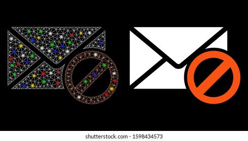 Glowing mesh stop spam icon with glare effect. Abstract illuminated model of stop spam. Shiny wire frame polygonal mesh stop spam icon. Vector abstraction on a black background.