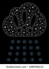 Glowing mesh storm cloud with glare effect. Abstract illuminated model of storm cloud icon. Shiny wire carcass polygonal network storm cloud. Vector abstraction on a black background.