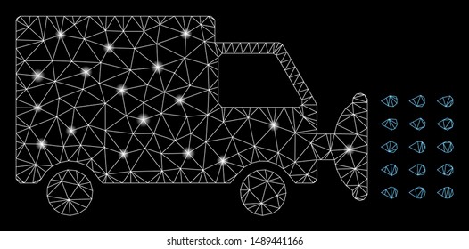 Glowing mesh street washing car with glare effect. Abstract illuminated model of street washing car icon. Shiny wire carcass polygonal mesh street washing car.