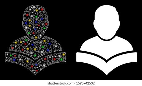 Glowing mesh student icon with glare effect. Abstract illuminated model of student. Shiny wire carcass triangular mesh student icon. Vector abstraction on a black background.