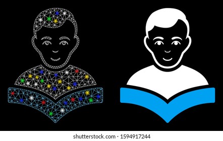 Glowing mesh student icon with lightspot effect. Abstract illuminated model of student. Shiny wire frame triangular mesh student icon. Vector abstraction on a black background.