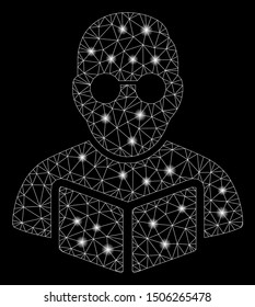 Glowing mesh student read book with glow effect. Abstract illuminated model of student read book icon. Shiny wire carcass polygonal mesh student read book. Vector abstraction on a black background.