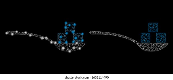 Glowing mesh sugar spoon with glow effect. Abstract illuminated model of sugar spoon icon. Shiny wire frame polygonal mesh sugar spoon icon. Vector abstraction on a black background.