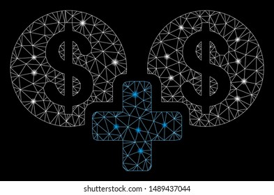Glowing mesh sum money with glitter effect. Abstract illuminated model of sum money icon. Shiny wire carcass triangular mesh sum money. Vector abstraction on a black background.