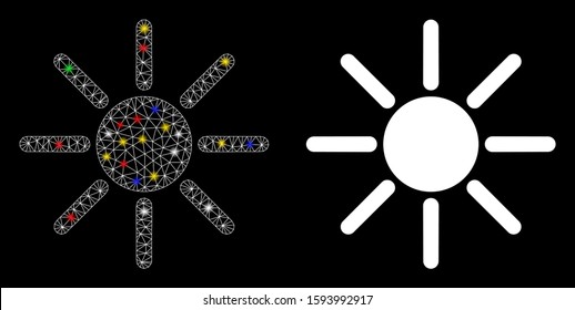 Glowing mesh sun icon with glare effect. Abstract illuminated model of sun. Shiny wire carcass polygonal network sun icon. Vector abstraction on a black background.