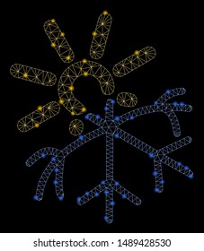 Glowing mesh sun melting snowflake with glitter effect. Abstract illuminated model of sun melting snowflake icon. Shiny wire carcass polygonal mesh sun melting snowflake.