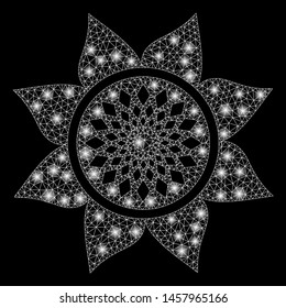 Glowing mesh sunflower flower with lightspot effect. Abstract illuminated model of sunflower flower icon. Shiny wire carcass polygonal network sunflower flower.