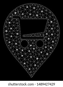 Glowing mesh supermarket map marker with sparkle effect. Abstract illuminated model of supermarket map marker icon. Shiny wire carcass polygonal mesh supermarket map marker.
