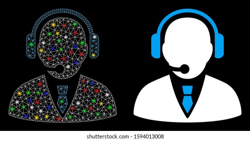 Glowing mesh support manager icon with glitter effect. Abstract illuminated model of support manager. Shiny wire frame polygonal network support manager icon. Vector abstraction on a black background.