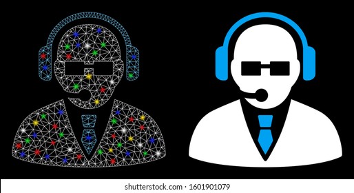 Glowing mesh support manager icon with glare effect. Abstract illuminated model of support manager. Shiny wire frame triangular mesh support manager icon. Vector abstraction on a black background.