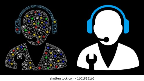 Glowing mesh support manager icon with glare effect. Abstract illuminated model of support manager. Shiny wire carcass triangular network support manager icon.