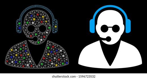 Glowing mesh support operator icon with glare effect. Abstract illuminated model of support operator. Shiny wire frame triangular mesh support operator icon. Vector abstraction on a black background.