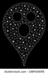Glowing mesh surprized smiley map marker with glitter effect. Abstract illuminated model of surprized smiley map marker icon. Shiny wire carcass triangular mesh surprized smiley map marker.