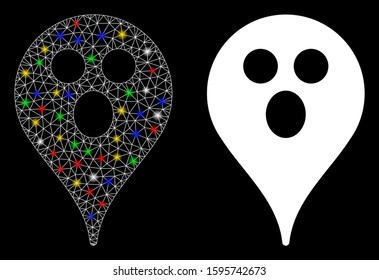 Glowing mesh surprized smiley map marker icon with glare effect. Abstract illuminated model of surprized smiley map marker. Shiny wire carcass polygonal network surprized smiley map marker icon.