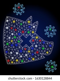 Glowing mesh swine flu with glitter effect. Abstract illuminated model of swine flu. Shiny wire frame polygonal mesh swine flu icon. Vector abstraction on a dark blue gradient background.