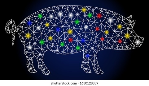 Glowing mesh swine with glitter effect. Abstract illuminated model of swine. Shiny wire carcass polygonal network swine icon. Vector abstraction on a dark blue gradient background.